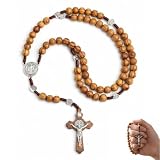 YIPFEN Collana Rosario Cattolica con Perle di Legno e Croce Incisa con Immagine di Gesù Cristo, Perfetta per Sacramenti, Battesimi, Messe e Letture Bibliche