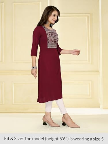Image of rangita Maroon Rayon Calf Length Embroidered Straight Kurti for Women | Kurta for Women