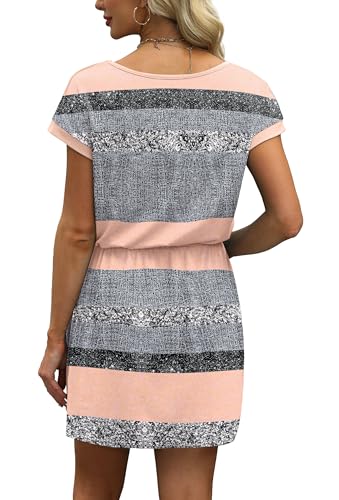 Image of OFEEFAN Summer Dresses for Women 2026 V Neck T Shirt Casual Mini Dresses Tie Waist Sundresses with Pockets