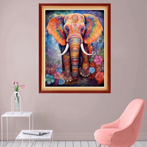 Image of Foxhool Stamped Cross Stitch Kits,11CT Printed Cross Stitch Pattern Full Embroidery Kits for Beginner Needlepoint Kits-Colorful Elephant 16x20 inch