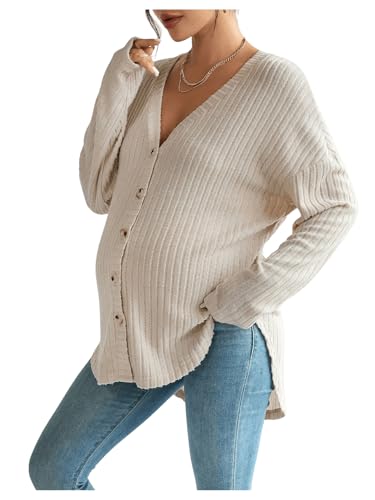 Image of COZYEASE Women's Maternity Ribbed Knit Button Down Tee Shirt Drop Shoulder V Neck Sweater Top
