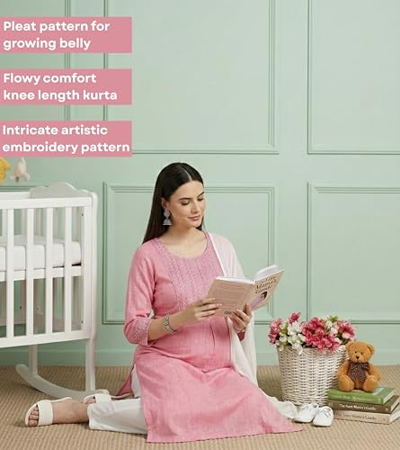 Image of DUMMY SHAPE Feeding Dresses for Women Full Set | Cotton Blend Floral Embroidered Kurta Pant Dupatta Suit with Nursing Zippers to Pre & Post Pregnancy | Gift for Pregnant Woman