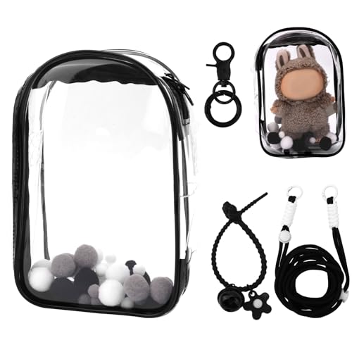 Tinoaly Vitrina Transparente Exhibir Figuras, Funda Protectora para Muñecos Peluche Bolsa de Almacenamiento Bandolera Portátil Colgar Protector & Llavero para Accesorios Muñecas 15cm/17cm (Negro)