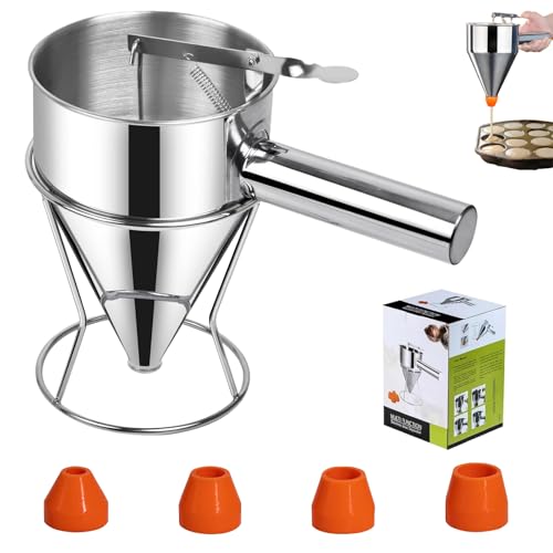 Pfannkuchen Teigspender, 600ml Pfannkuchen Teigspender Teigportionierer Edelstahl, Backtrichter Kolbentrichter Fondanttrichter Edelstahl mit Rack und 4 Verschiedenen Düsen für Pfannkuchen(Silbrig)