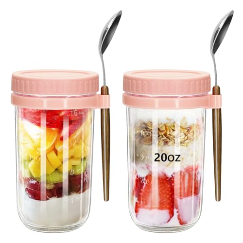 eispap 20oz - 2 Pack Overnight Oats Jars with Lids and Spoon, Overnight Oats Container with Lids, Measurement Marks, Wide Mouth Mason Jars for Salad, Cereal (2pcs Pink)