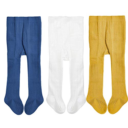 Epeius Baby Tights Thick Seamless Cable Knit Leggings for Infant Girl Solid Cotton Stockings Footed Pants Pantyhose for 3-6 Months,White/Blue/Yellow (Pack of 3)