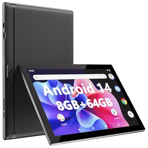 Tablet Android 14, Tablets 10 inch 8GB RAM+ 64GB ROM+ 1TB Expandable Tablet PC, 1280 * 800 IPS Screen, Dual Camera, Powerful Processor, 6000mAh Battery, Bluetooth,WiFi, Google Certified Tablet Cover