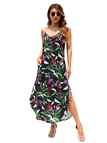 Huskary Women's Summer Maxi Dress Spaghetti Strap Hawaiian Leaf Dress Long Cami Split Maxi Dresses With Pocket #TOP2