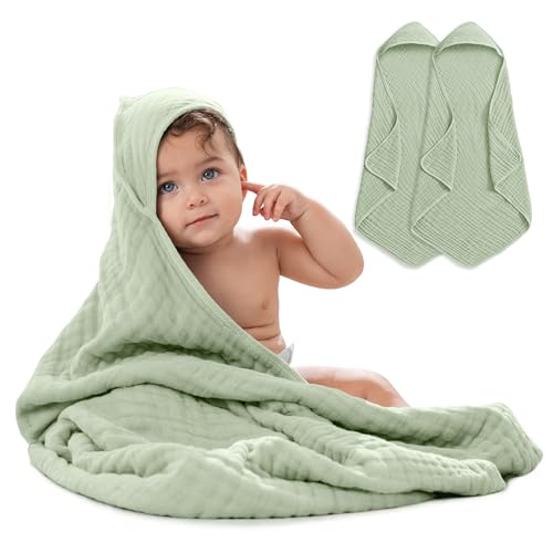 Image of Comfy Cubs 2 Pack Baby Hooded 9 Layer Muslin Cotton Towel for Kids, Large 32” x 32”, Ultra Soft, Warm, and Absorbent. Baby Essentials Bath Towels, Cute Unisex Cover for Girls and Boys (2 Pack, Sage)
