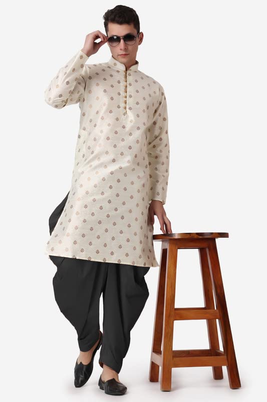Kurta larga de seda jacquard dorada traje tradicional salwar negro hombre 7