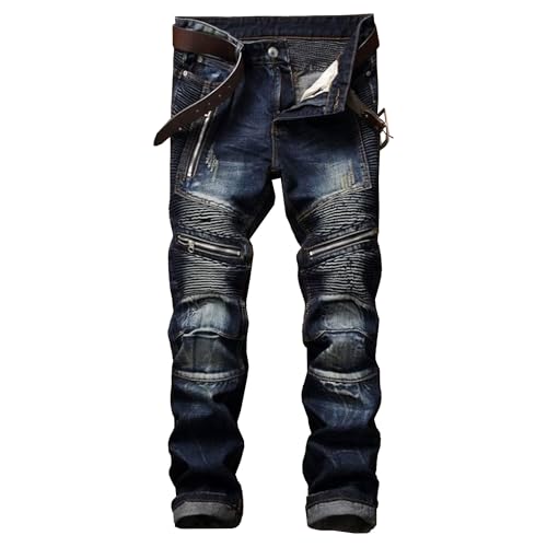 Biker Jeans Men Washed Straight Leg Denim Jeans Trendy Casual Slim Fit Stretch Jogger Pants with Pockets
