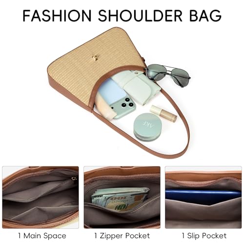 Image of CLUCI Shoulder Bag for Women, Summer Purses for Women, Straw Handbag Hobo Bags Crossbody Purse with Adjustable Strap Apricot with Brown