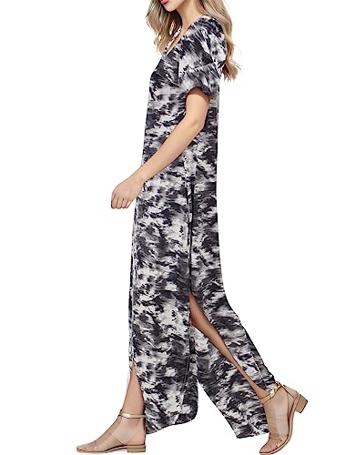 Image of Match Women's V-Neck Casual Loose Short Sleeve Long T-Shirt Dress Split Maxi Dress with Side Pocket