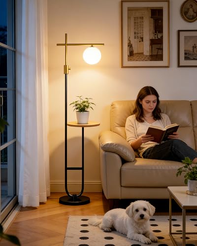 Image of Floor Lamp with Shelves, Modern Standing Tall Lamp with Milky White Globe Lampshade, Cross-Shaped Lamp Head and U-Pole Base Style Floor Lamps for Living Room, 66IN Gold & Black Dimmable