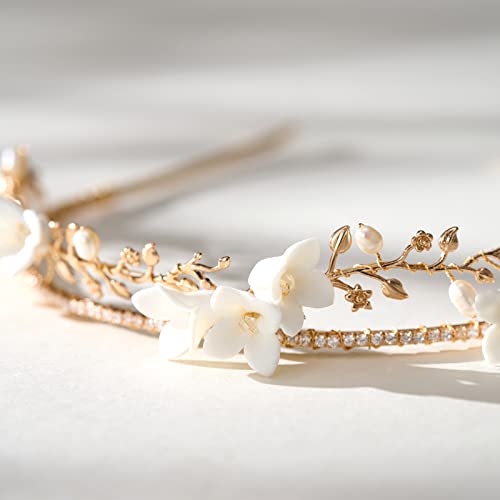 Sweetv Bridal Headband Gold Wedding Tiara For Women Handmade Flower Bridal Headpiece For Bride Hair Accessories #TOP5
