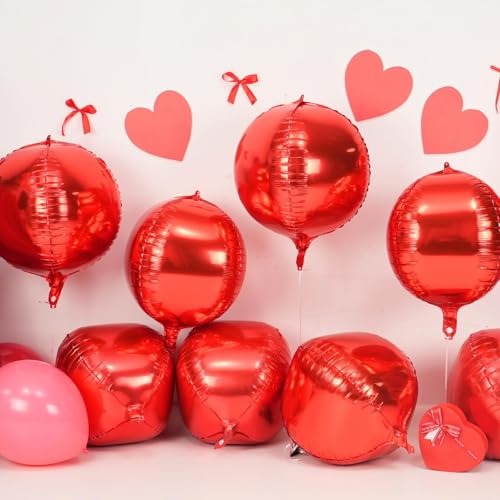 Image of 9 Pcs Red Round Foil Balloons,22 Inch Metallic Red Round Balloons | Red Giant 4D Round Ball Balloons For Casino Theme Birthday Wedding Patriotic Christmas Party Decorations