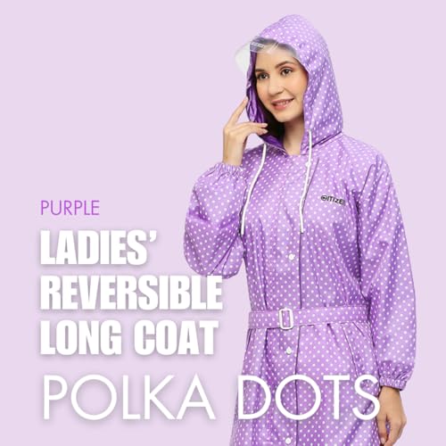 Image of Citizen Polyester Reversible Casual Style Raincoat For Women With Inbuilt Hood,Waist Belt & Matching Carry Pouch|Stylish Polka Dot Design|Durable & Lightweight Rainsuit With High Tearing Strength