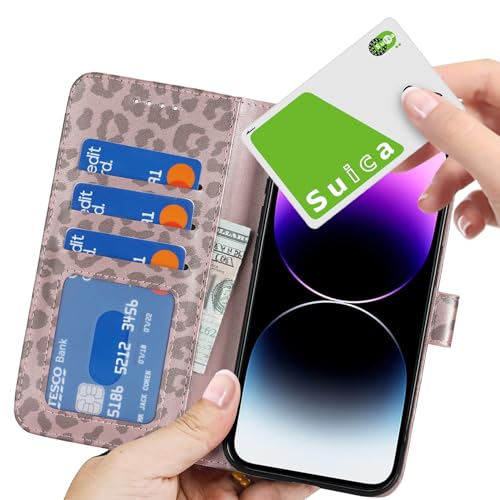 Image of for iPhone 14 Pro Max Case Wallet with Card Holder,for iPhone 14 Pro Max Wallet Case for Women Men,PU Leather Shockproof Magnetic Buckle Stand Flip Phone Case-Rose Gold Leopard