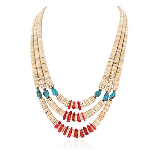 Native-Bay Three Strand Navajo Turquoise and Coral Necklace #TOP25