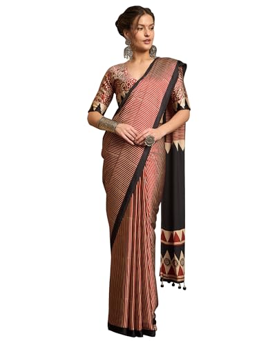 Image of AKHILAM Women's Pure Crepe Striped Printed Saree With Unstitched Blouse Piece