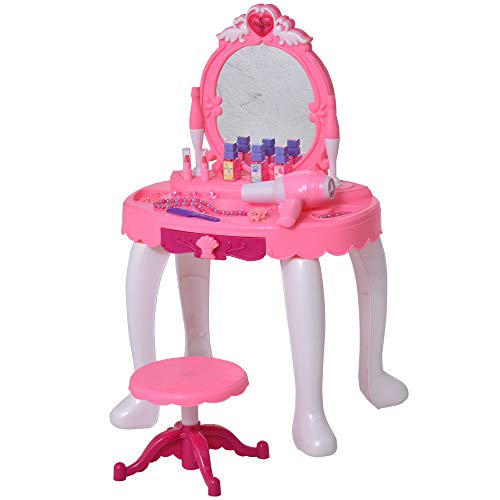 Qaba Kids Vanity Set, Pretend Play Girls Makeup Vanity with Lights, Music, Hair Dryer and Makeup Accessories, Pink