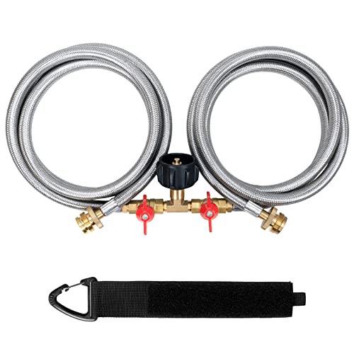 Propane Y Splitter Hose 2 Way Stainless Steel Braided Y Splitter CGA Propane Tank Converter Adapter Hose 5 FT Propane Hose Adapter 1lb to 20lb for QCC1/Type1 20lbs Tank, Camping Stove,Gas Grill,Heater