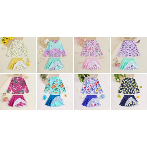 Image of Girls Rash Guard Swimsuit Set UPF 50+ Long Sleeve Two Piece Swimwear Half Zip with Skirt Bottom for Kids 3-10Y