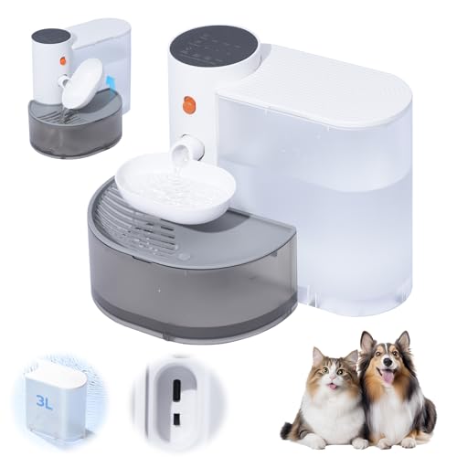 Auveach Fuente de Agua para Gatos Perros 3L, Inalámbrica con 3 Niveles de Tiempo Intervalo y Volumen Dispensador de Agua para Gatos Drenaje Automático, Sin Filtros, Ultra Silenciosa