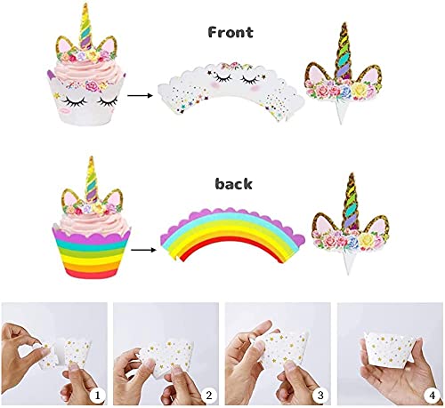 24 stuks eenhoorn-cupcake-toppers, cupcake-wrappers, glitter-eenhoorn, cupcake-toppers met wrapper, dubbelzijdige toppers, voor dessert, cake, decoraties voor verjaardag, bruiloft, babyshower - Image 4
