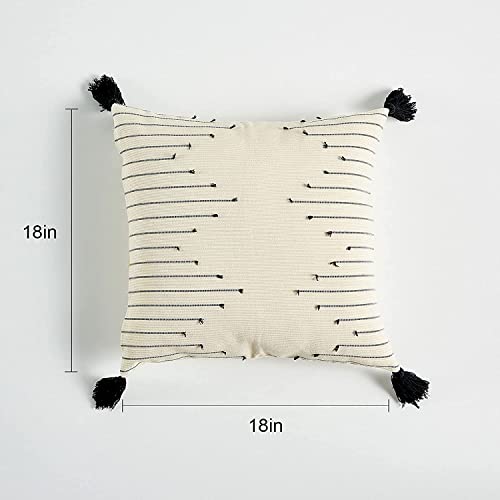 Throw Pillow Covers, Boho Pillow Covers, Indoor Outdoor Square Decorative Pillows For Bed Sofa Couch Patio Farmhouse Home Decor, Modern Stripe Ivory Cream Throw Pillow With Tassels, 18X18 Pillow Cover #TOP6