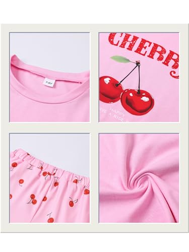 Image of KIDLAGA Girls Two Piece Sets Cherry Pattern Short Sleeve Shirts and Shorts Set With Pockets Girls Summer Outfits Size 7-14