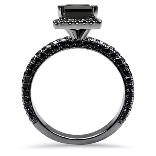 14K Black Gold Finish Princess & Round Cut Black Diamond Halo Wedding Anniversary Ring for Women's3