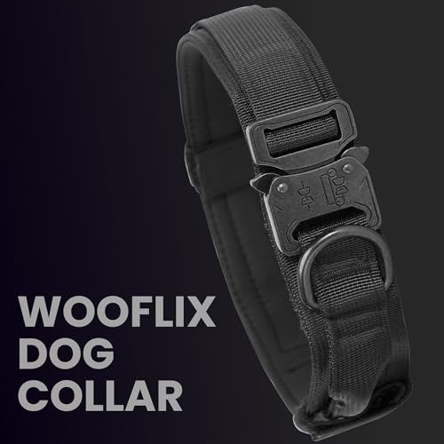 Image of WOOFLIX Metal Dog Collar For Training And Walks | Nylon Collar With Tactical Metal Buckle And D-Ring For Medium And Large Dogs | Dog Collar For Medium And Large Dogs (Extra Large, Black, 25 Cm X 5 Cm)