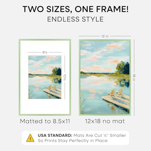 Image of Homeforia 12x18 Picture Frame Sage Green, High End Metal 12x18 Poster Frames with Mat 8.5x11 in Photo, 12 x 18 Sage Green Frame Matted to 8.5 by 11 Art, 18x12 Frame, Tempered Glass, Wall Kit, Set of 2
