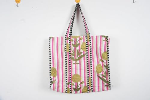 Image of Quilted Cotton Handprinted Reversible Large multicolor Floral Tote Bag,Hand Block Print Shopping Shoulder Carry Bag
