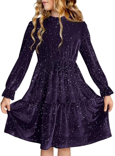 BesserBay Fall Girls Glitter A-line Velvet Crew Neck Midi Dress Size 5-14 Years