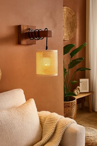 Image of AKWAY Rattan wall Lamps for Living Room | Bamboo wall Lights for Bedroom | Cane wall scones for Home Decoration (Bulb Not Included) (Rattan Square Webbing Hang)