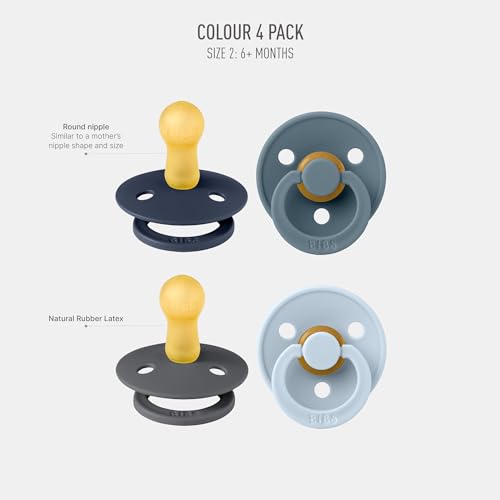 Image of BIBS Colour Soother 4-Pack | BPA Free Dummy Pacifier | Round Nipple | Natural Rubber Latex | Made in Denmark | Size 6-18 Months | Deep Space Mix