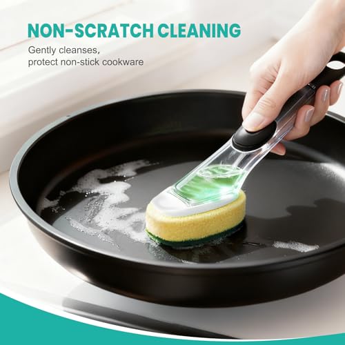 Image of Dish Wand with Handle,Non-Scratch Dishwand Refills Replacement Sponge Heads | Leak-Proof Soap Control Dispenser Scrub Sponges, Advanced Scrubber Brush Pads for Kitchen Cleaning Dishes Sink Washing Tool