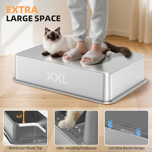 Image of WoofiGo Enclosed Stainless Steel Cat Litter Box with Lid, XL Extra Large Litter Box for Big Cats, Metal Litter Pan High Sided, Never Absorbs Odors, Anti-Urine Leakage, Include Scoop (65-LightGray)