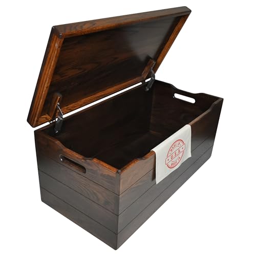Image of Amish Made Wooden Storage Chest Trunk Box with Lid and Handles for Bedroom, Blanket, Clothes, Anti-Slam Hinges, Handmade, Rustic, Oak Wood, Asbury Stain, 42 inch
