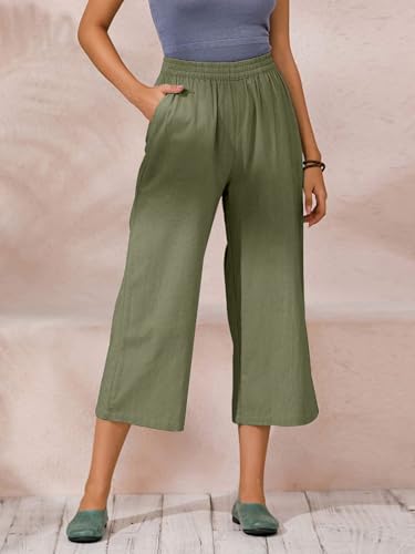 Image of ECUPPER Womens Cotton Cropped Pants Loose Fit Wide Leg Trousers | Casual, Plus Size, Elastic Waist, Capri, 100% Cotton, Slant Pockets, High Rise Waist, Lounge Pants