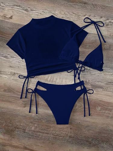 Image of Sexybody Women's 3 Piece Swimsuit Halter String Bikini Tie Side Mesh Short Sleeve Bathing Suits