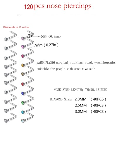 180Pcs 20G Surgical Stainless Steel Nose Rings Hoops Straight/L Shapes Nose Studs 2.0/2.5/3.0mm Cubic zirconia Hypoallergenic Nose Studs Silver Gold Rose Gold Black Rainbow Blue Lip Rings Nose Rings Piercing Jewelry Set for Women Men2
