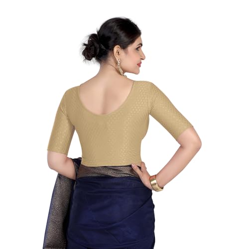 Image of FINESTFIT Round Neck Stretchable Elbow Sleeve Readymade Saree Blouse for Women, 100% Cotton Dobby Fabric