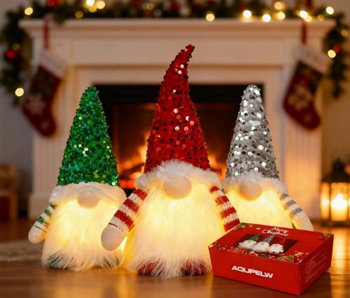 Weihnachtsdeko für die Fensterbank 27 AQUPELW Weihnachtsdeko Wichtel mit Licht 3 Stück – LED...