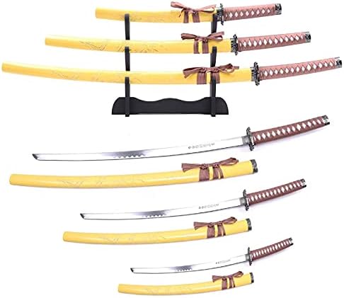 Vista 2 de Juego de 3 espadas japonesas samurái Katana DamaskerUS con vaina de madera grabada de dragón y soporte ninja