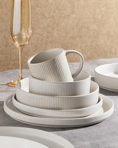 Image of Famiware Star Dinnerware Sets, Plates and Bowls Set for 4, 12 Pieces Ribbed Dishes - Chip and Scratch Resistant, Microwave and Dishwasher Safe Tableware, Matte White