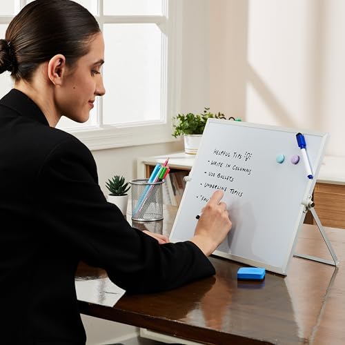 Image of Amazon Brand - Solimo Dry Erase Double-Sided White Board with 360 Rotating Adjustable Stand | Aluminium Frame | Accessories Included | Portable (30 x 40 cm)