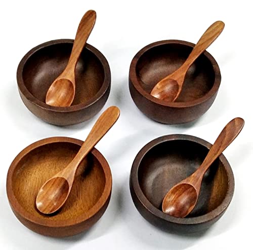 Dolphin, Acacia Round Wood Bowl Small Dia 3.5 X 1.4 Inch Set Of 4 (Free 4 Wood Spoons) Handmade For Serve Condiments Salt Nuts Snack Honey Cream Sugar Dip Sauce Ketchup, Jam Prep,Mustard Jelly Olives #TOP1